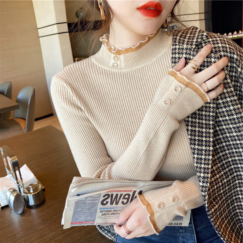 Lace half turtleneck bottoming shirt for women with knitted sweater tops slimming fungus pullover sweater MF92 apricot L Weight recommendation 110-128 pounds