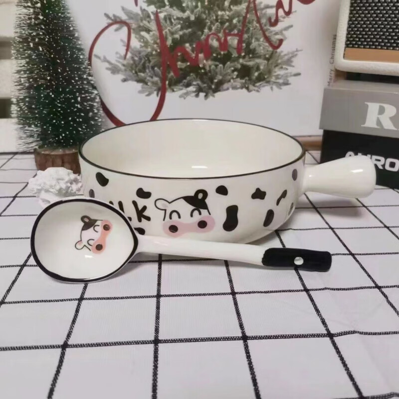 Zi Sha Bowl Household Baking Bowl Cow Handle Bowl Creative Cartoon Bowl Internet Celebrity Cute Bowl Spoon Tableware Combination Ceramic Baking Bowl Cow 6-inch Handle Bowl 1 Pack