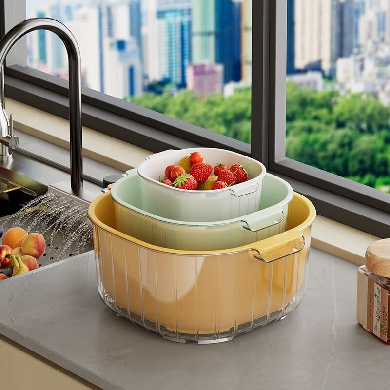 Vinoa's new double-layer vegetable washing and draining basket living room plastic fruit and vegetable thickened water filter vegetable basket washing basin home kitchen ivory white small size 8m single layer draining basket