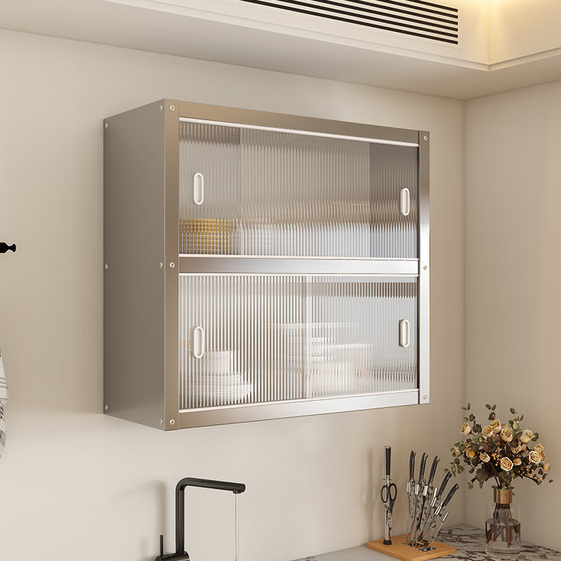 Kitchen rack stainless steel wall-mounted wall-mounted cabinet hanging wall storage sliding door cabinet second floor length 70 width 35 height 70 wall-mounted storage rack with door
