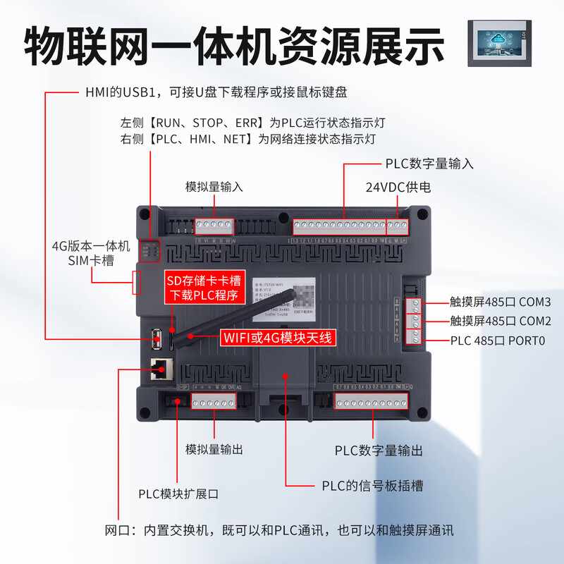 Gongbei 7/10-inch MCGS touch screen PLC all-in-one Kunlun configuration screen TPC7032Kw compatible with 200SMART IoT screen i7ST30-WiFi IoT 7-inch