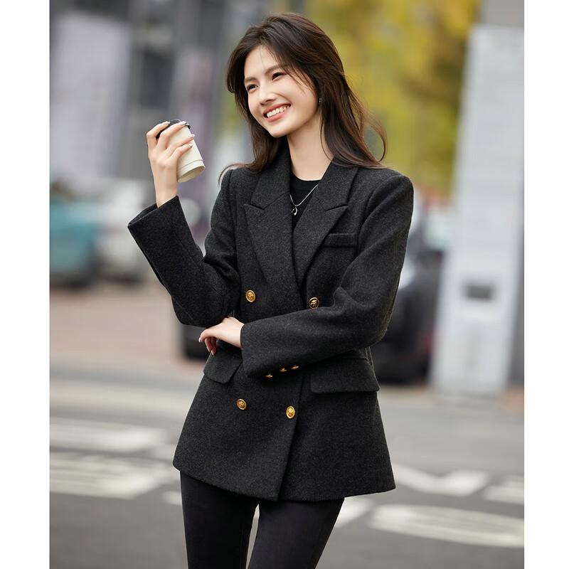 Shangjing Woolen Coat Women's 25th Winter New Women's Right Shoulder Double Breasted Business Style Quilted Thick Warm Suit Jacket for Women
