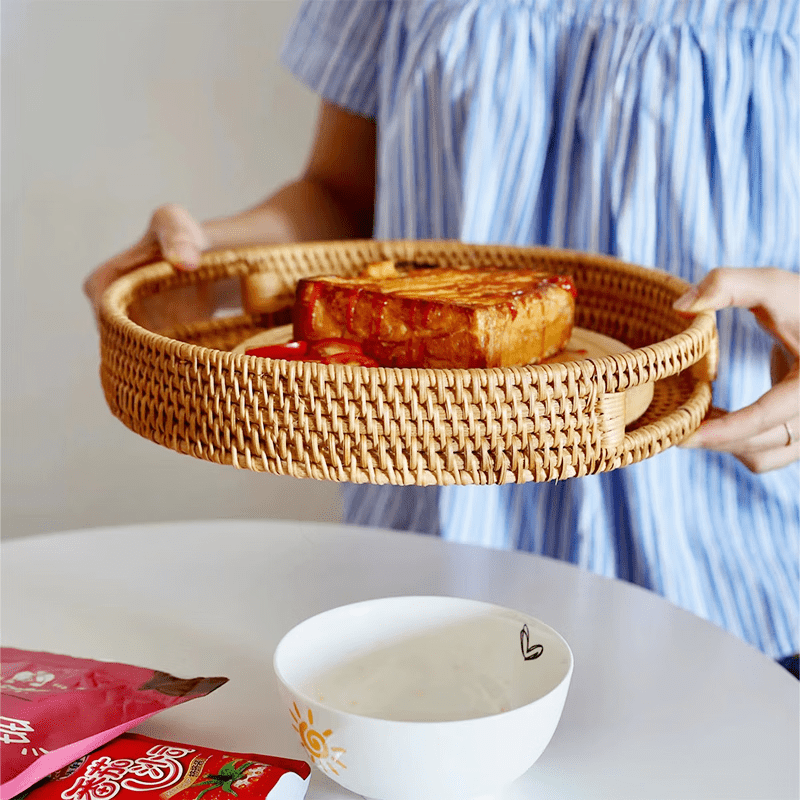 CLCEY rattan storage basket bamboo fruit plate Japanese bread basket steamed bread basket living room fruit basket household handmade tray multi-purpose storage three-piece set