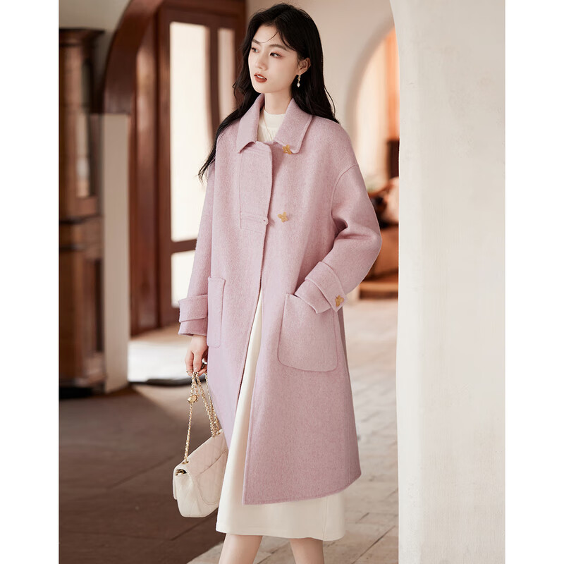 Homecoming Winter Small Flower Button Design Wool Coat High-end Niche Fashion Wool Coat Women 01 Pink S