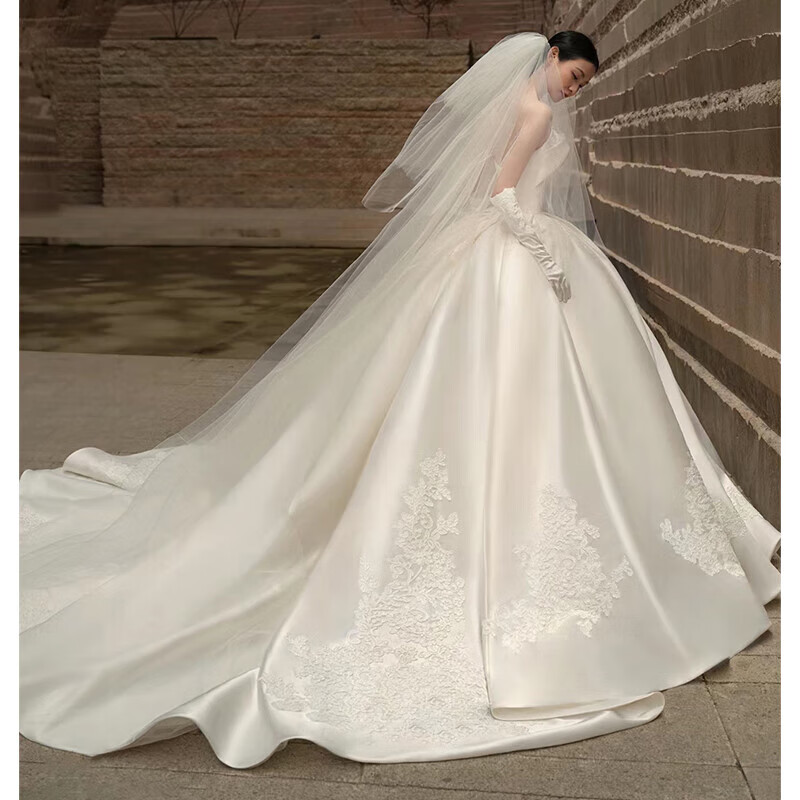 Overview Bridal 2025 Strapless Satin Light Wedding Dress New Style Main Thread for Pregnant Women French Floor-length Simple Large Trailing White Floor-length Style <Wedding Dress Plus Three-piece Set> 2XL