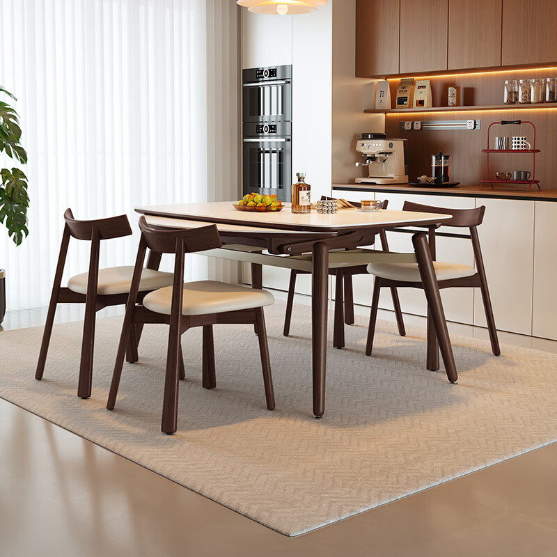 Pashaman dining table cream style retro walnut color solid wood small apartment pure white slate dining table and chairs 1.3 meters + 4 chairs 1126Y