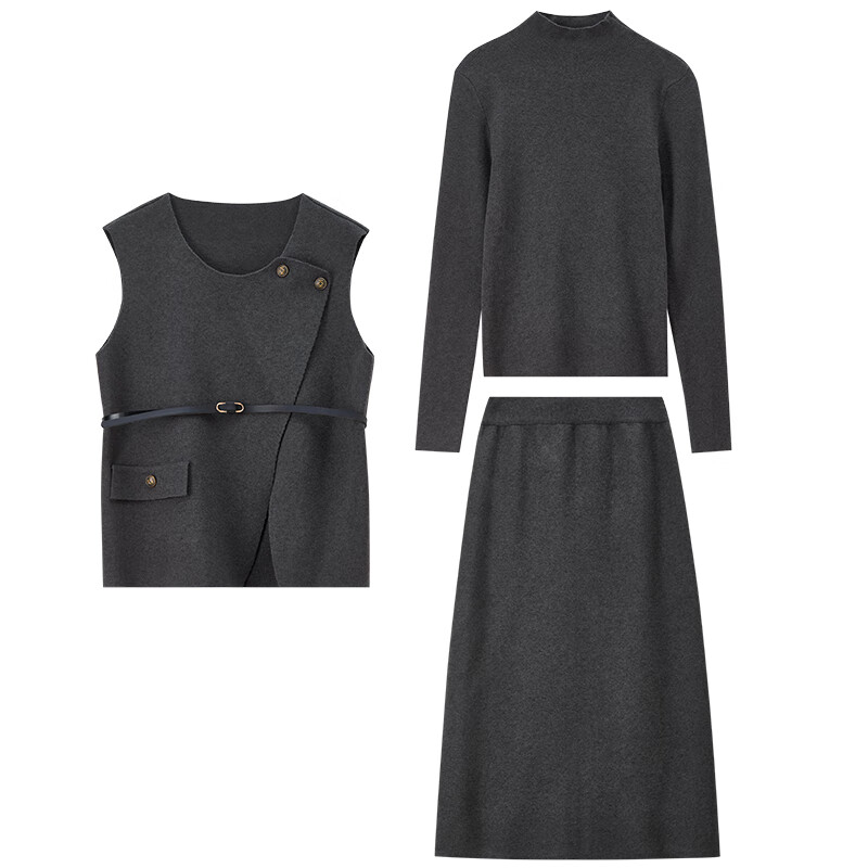 Shandubila knitted suit for women winter round neck vest half turtleneck bottoming shirt high waist straight skirt warm three-piece set