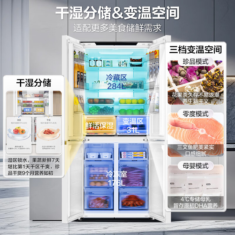 Haier refrigerator household first-class energy efficiency four-door 491 liter cross door ultra-thin zero-embedded air-cooled frost-free refrigerator BCD-491WGHTDB5WFU1