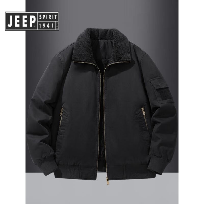 JEEP SPIRIT Jeep Air Force Pilot Jacket Men's Winter Plush Thickened Cotton Loose Men's Middle-aged Cotton Jacket Fur Collar Military Green (Dark) M (100-125 Jin)