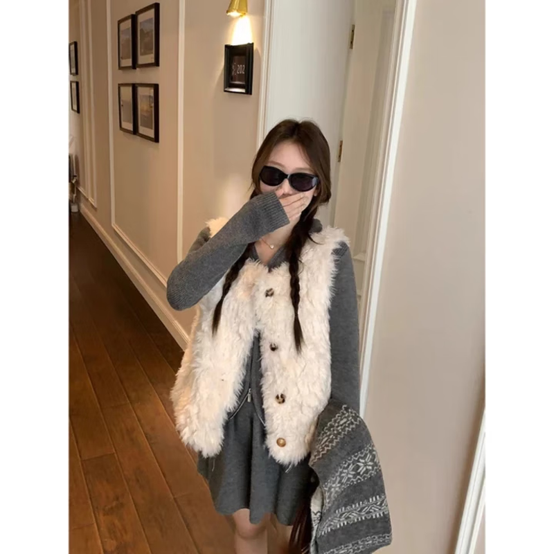 Yipinyuan Eco-Friendly Fur Vest Jacket Women's 2025 Autumn and Winter New Thickened Warm Fur One-Sleeveless Vest Vest White One Size (90-125 Jin)