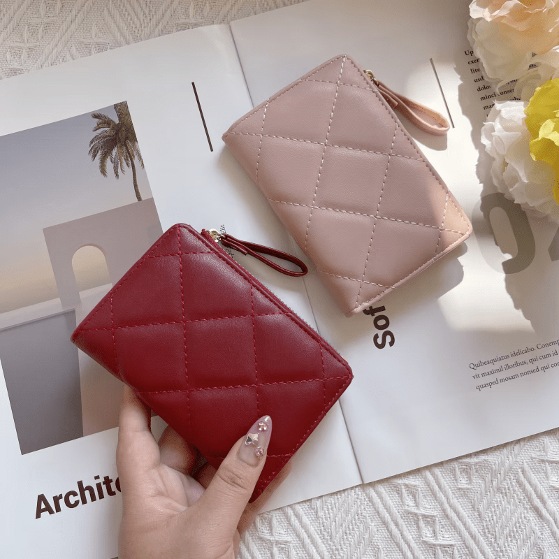 Kangaroo European and American small fragrance style wallet for women, simple embroidered zipper clutch, multiple card slots, versatile buckle short wallet, blue