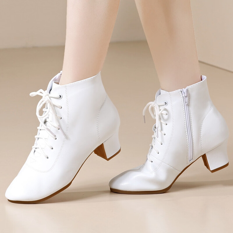 Tesili's autumn and winter square dance shoes, modern dance shoes, mid-heeled Latin dance shoes, cowhide mother's shoes, short boots, black plus velvet