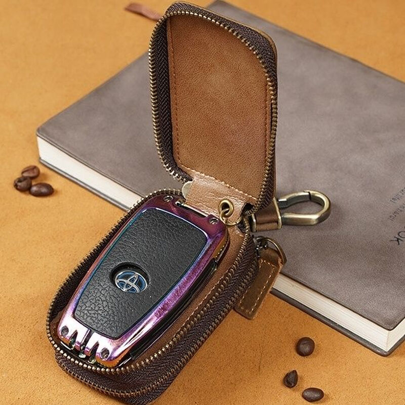 Ye Yu Crazy Horse Leather Keychain Bag Double Zipper Cowhide Car Key Bag General Motors Multifunctional Household Double Layer Key Bag Brown