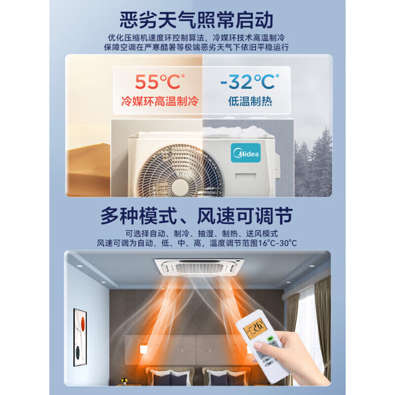 Midea central air conditioner ceiling air conditioner 2 hp 3 hp 5 hp first class energy efficiency variable frequency windless embedded one-to-one shop household commercial factory air conditioner home appliance subsidy 3 hp first class energy efficiency heating and cooling frequency conversion 220V national subsidy