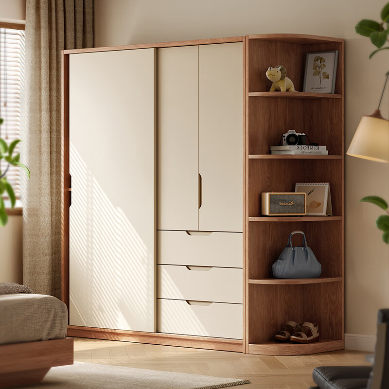 Yukino solid wood wardrobe sliding door wardrobe home bedroom log wardrobe style storage cabinet oak Japanese style sliding door wardrobe 1.8m sliding door wardrobe + curved side cabinet (length 2.1*2.0m high) delivery + door-to-door installation