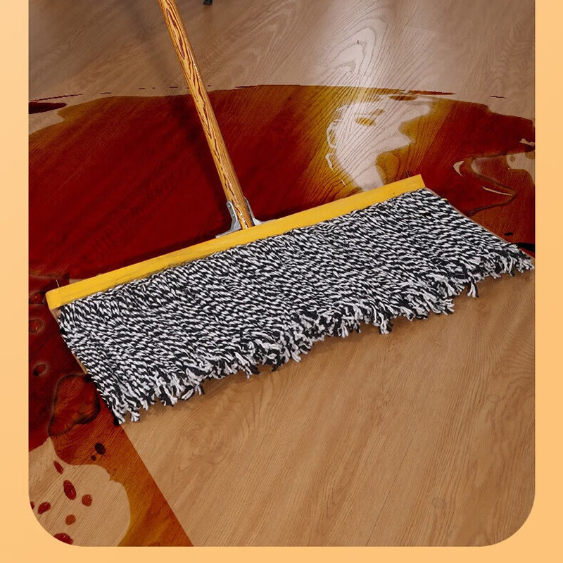 Wood pole industrial mop, old-fashioned round head mop, absorbent cotton thread, wet and dry public toilet cleaning factory supermarket, white line enlarged round head mop