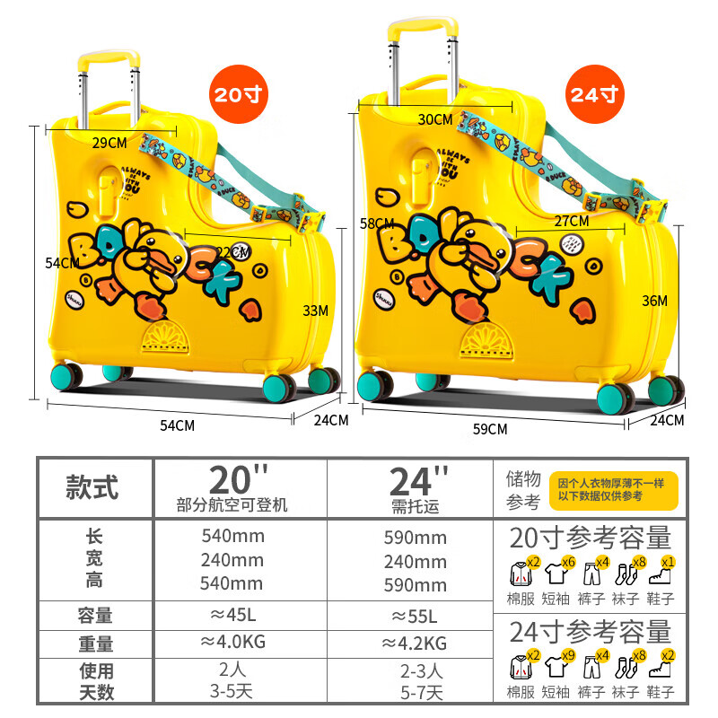 Bduck little yellow duck can sit and ride children's luggage lightweight trolley case men's and women's suitcase baby suitcase Strawberry little yellow duck armrests and pedals foldable 24 inches