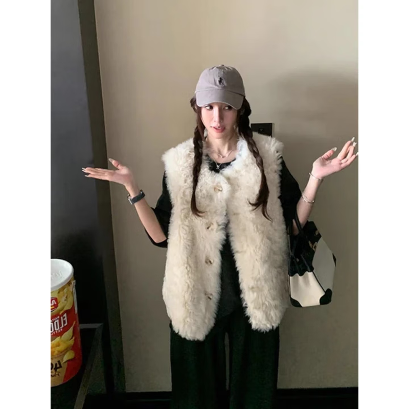 Yipinyuan Eco-Friendly Fur Vest Jacket Women's 2025 Autumn and Winter New Thickened Warm Fur One-Sleeveless Vest Vest White One Size (90-125 Jin)