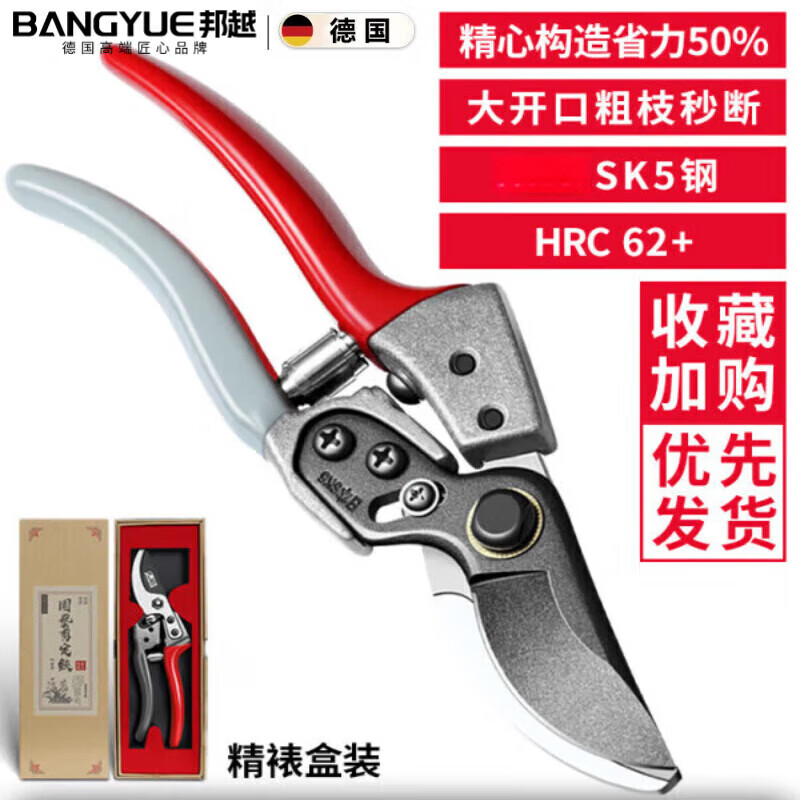 QCSK German gardening scissors, pruning shears for thick branches, special scissors for flower art, household garden fruit tree pruning shears, 1 pack, SK5 alloy blade