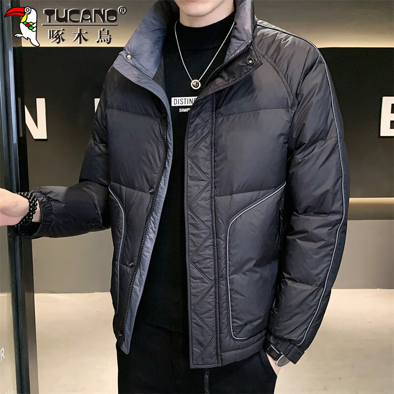 Woodpecker (TUCANO) Down Jacket Men's Winter Men's Jacket Stand Collar Cold Protection Thickened Warm Short Casual Men's Clothing Black XL