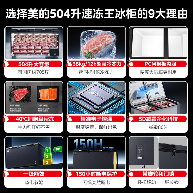 Midea Freezer Commercial Horizontal Large Capacity Freezer Single Temperature Freezing Refrigerator Conversion Refrigerator Deep Cooling Quick Freezing Ultra Low Temperature Large Capacity Freezer 300L/400L/500L/700L New Product-40 Degree Commercial 519L 519DKEM
