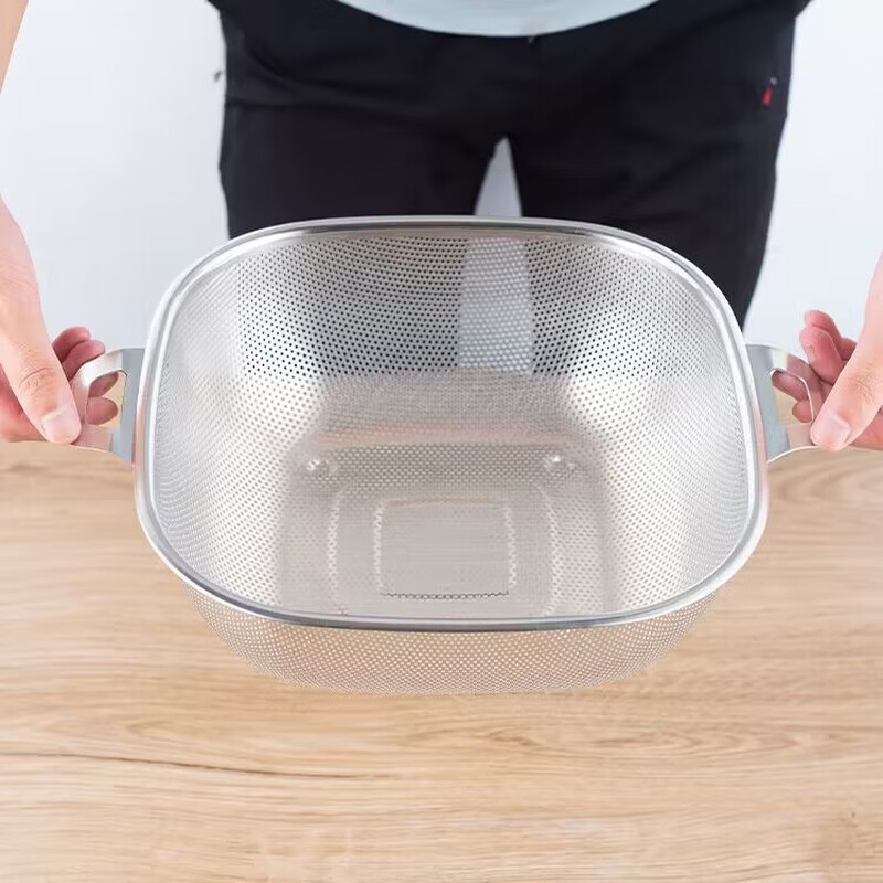 Shantou Lincun extra thick square drain basket stainless steel rice basin kitchen sink fruit basket extra thick square with ears 32cm