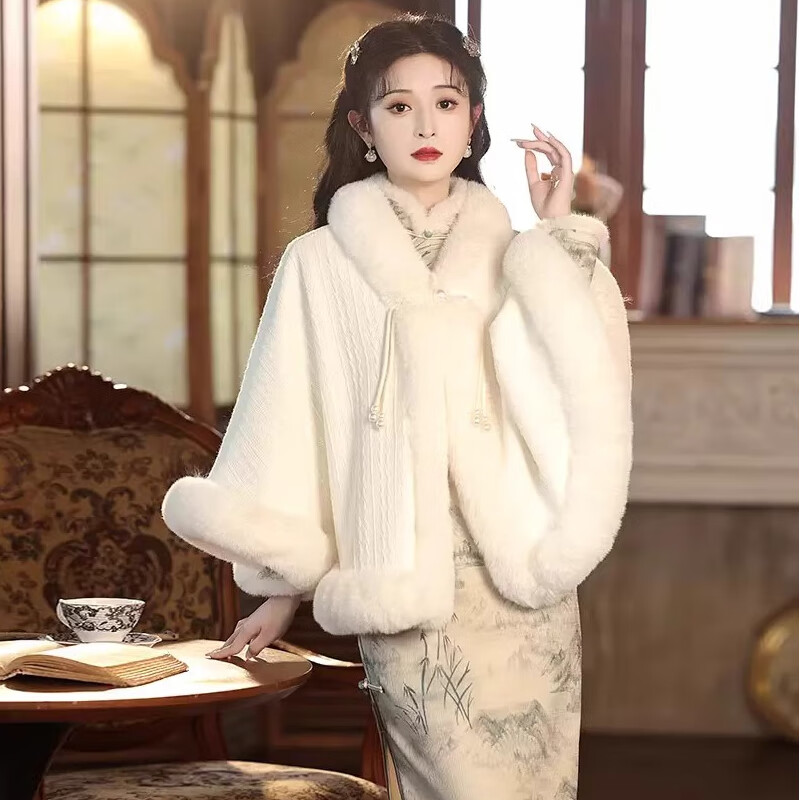First New Chinese Style Plush Collar Autumn and Winter Thickened Cloak and Shawl with Cheongsam and Republican Style Warm Outer Noble Women's Cardigan White One Size Thickened Suitable for 80-160 Jin