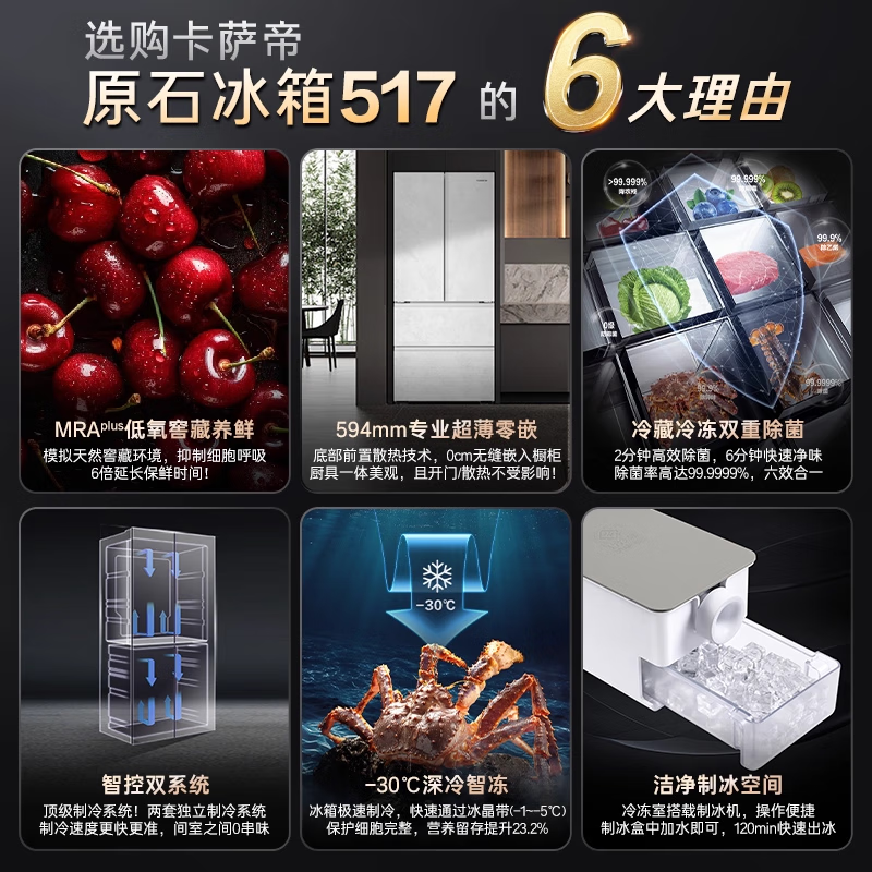 Casarte 517L ultra-thin zero-embedded first-class energy-efficiency variable frequency French multi-door automatic ice-making air-cooled frost-free household refrigerator refrigerator 517 liters BCD-517WGCFDM4DUU1