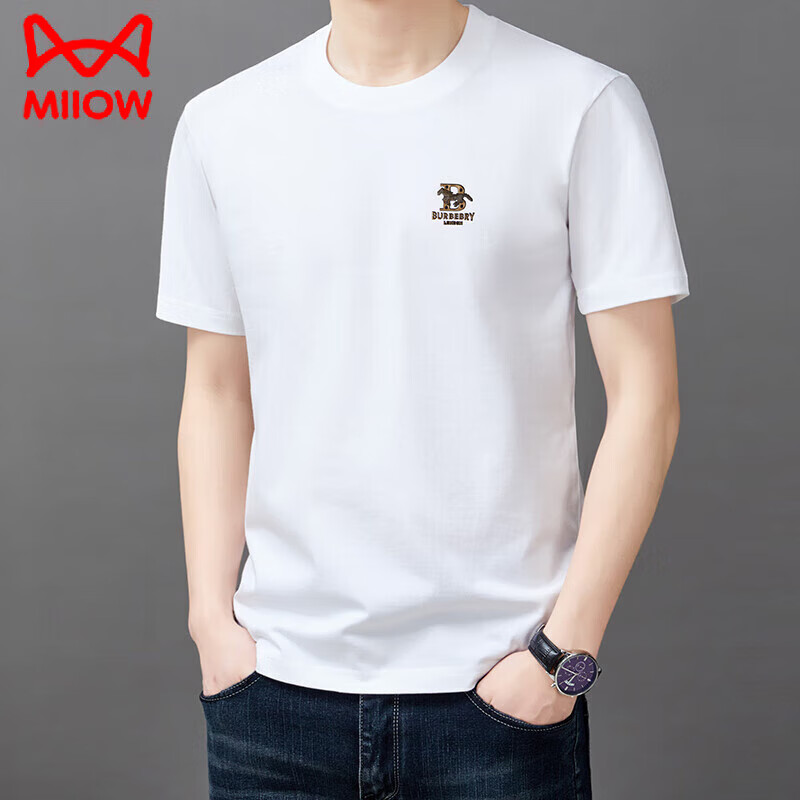 MiiOW round neck short-sleeved cotton t-shirt for men summer new middle-aged half-sleeved t-shirt solid color large size can be worn outside tee base layer short-sleeved 9938 white M 165 recommended 90-120 pounds