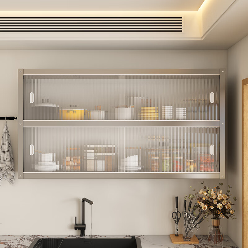 Kitchen rack stainless steel wall-mounted wall-mounted cabinet hanging wall storage sliding door cabinet second floor length 70 width 35 height 70 wall-mounted storage rack with door