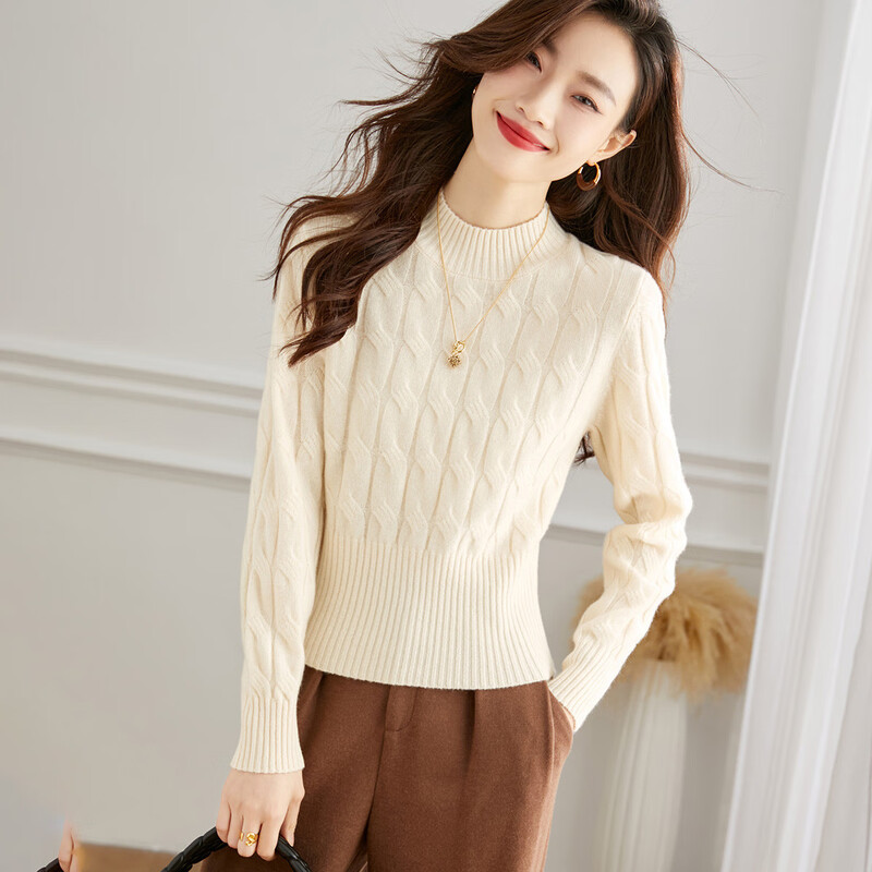 Shexi (Srcr) short 100% woolen sweater for women, autumn and winter half turtleneck cable knit base sweater for small people
