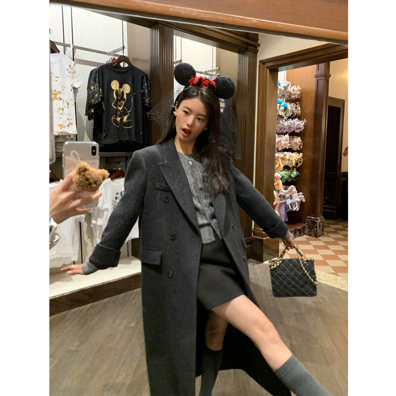 Pusumede wool double-sided woolen coat for women, autumn and winter silhouette, mid-length, Korean-style temperament woolen coat, dark gray for small people, recommended height 158-164cm S