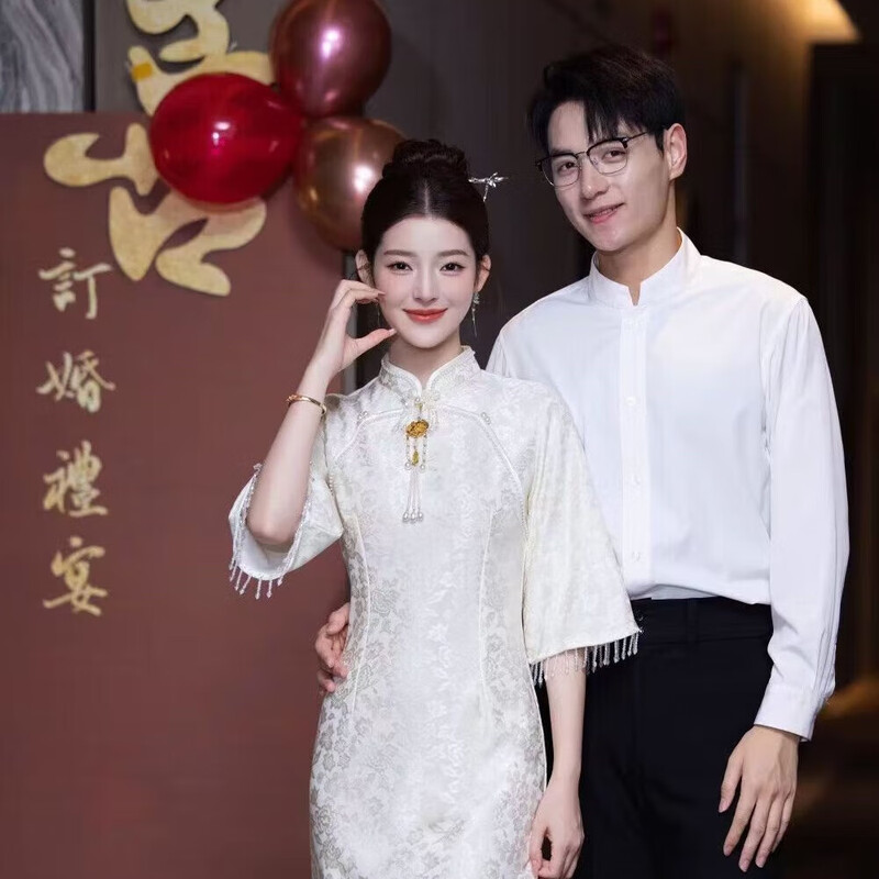 Cloth-style Chinese cheongsam toasting dress bride long-sleeved autumn and winter outing dress engagement dress white tassels off-white L