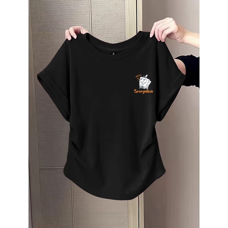 Waist slimming small flying sleeves t-shirt for women 2025 new summer bottoming shirt short-sleeved round neck curved hem top pink L recommended 101-120 catties