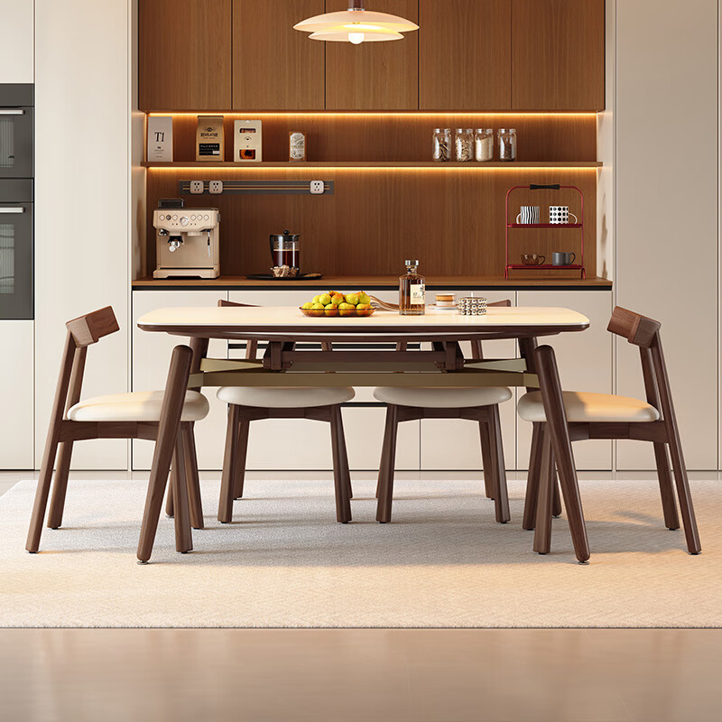 Pashaman dining table cream style retro walnut color solid wood small apartment pure white slate dining table and chairs 1.3 meters + 4 chairs 1126Y