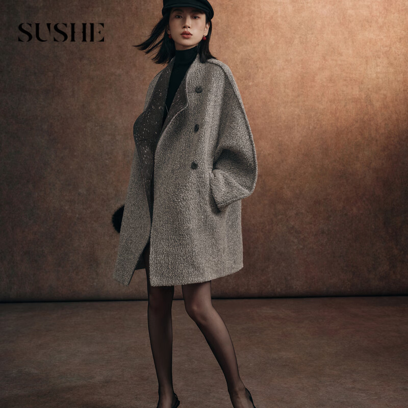 SUSHE retro VTG herringbone wool jumpsuit silhouette mid-length woolen jacket