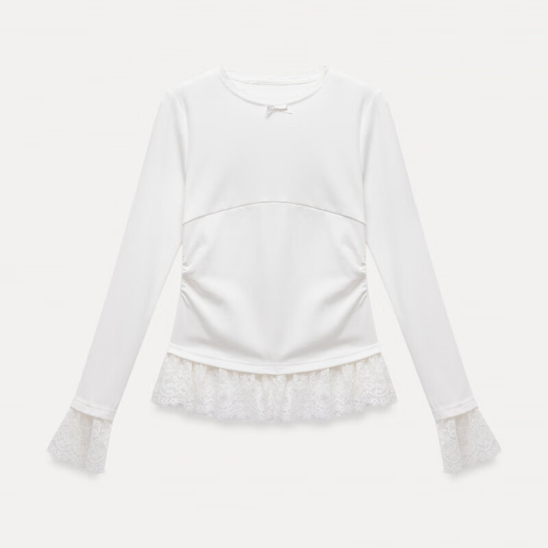 EGGKA round neck lace white long-sleeved bottoming T-shirt slimming top E25A3988BK white S