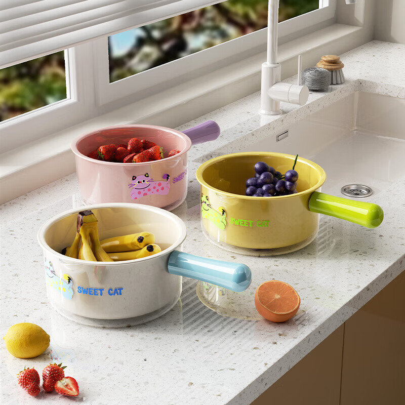 Double-layer drain basket, household sink basin water scoop, living room fruit plate, plastic thickened kitchen drain basket with handle, pink 1 piece