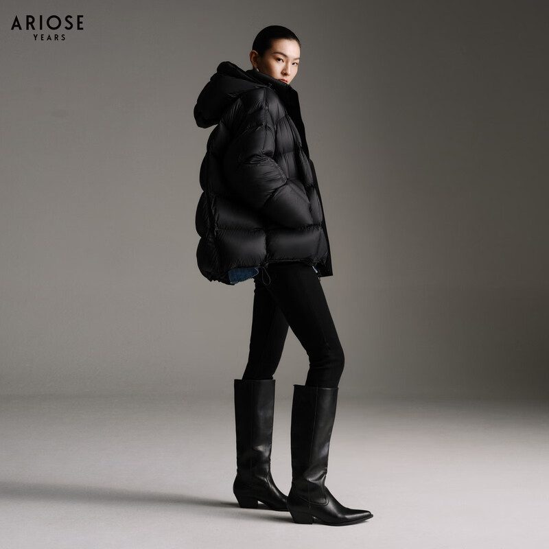 Ainos Estee Shopping Mall Same Style 2025 Winter New Commuting Stand Collar Hooded Profile White Duck Down Jacket 41110043 Black S