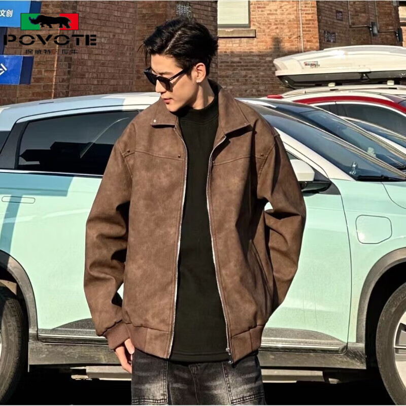 PU leather American retro rivet jacket men's spring and autumn lapel baseball uniform Maillard couple leather jacket W507 brown special price leakage XL upgraded version