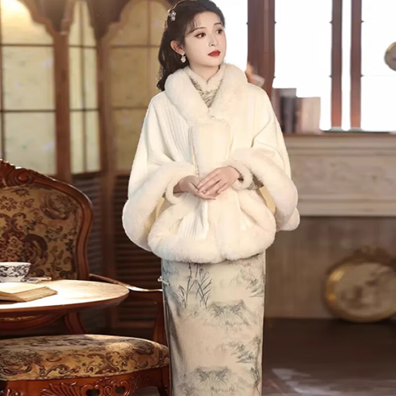 First New Chinese Style Plush Collar Autumn and Winter Thickened Cloak and Shawl with Cheongsam and Republican Style Warm Outer Noble Women's Cardigan White One Size Thickened Suitable for 80-160 Jin