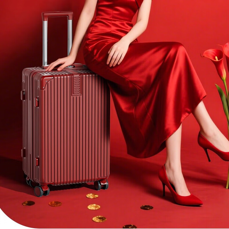 Red suitcase for wedding dowry, high-end 20-inch 24-inch travel trolley password leather suitcase for brides, high-end burgundy-single box, upgraded thickened anti-collision style, 26 inches