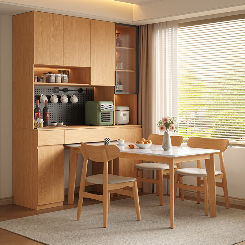 Gougejia sideboard and wine cabinet, wall-mounted integrated dining table, built-in customized living room oak color high-end small apartment storage cabinet, 0.8m*2.3m high (two-door sideboard), free perforated board and double-hole track socket by default