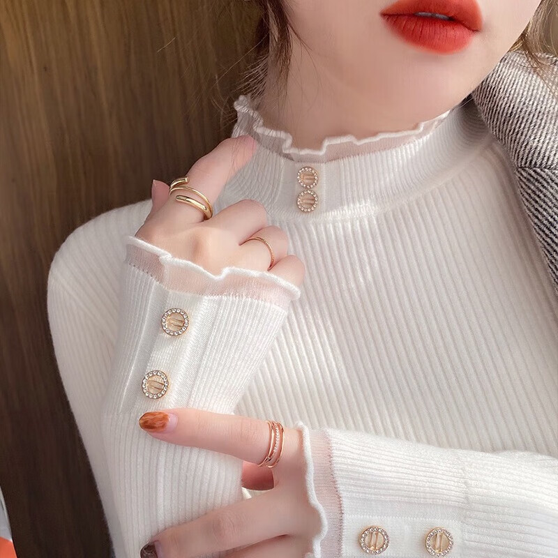 Lace half turtleneck bottoming shirt for women with knitted sweater tops slimming fungus pullover sweater MF92 apricot L Weight recommendation 110-128 pounds