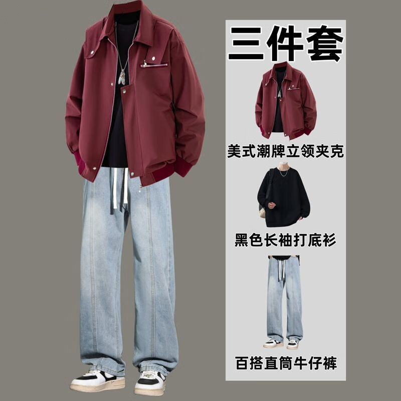 Xingsuyao (xingsuyao) American retro work jacket suit for men and teenagers complete set with jeans men's trendy three-piece cotton set H466 black + white long T + K21 jeans black XL recommended 115-135 pounds d