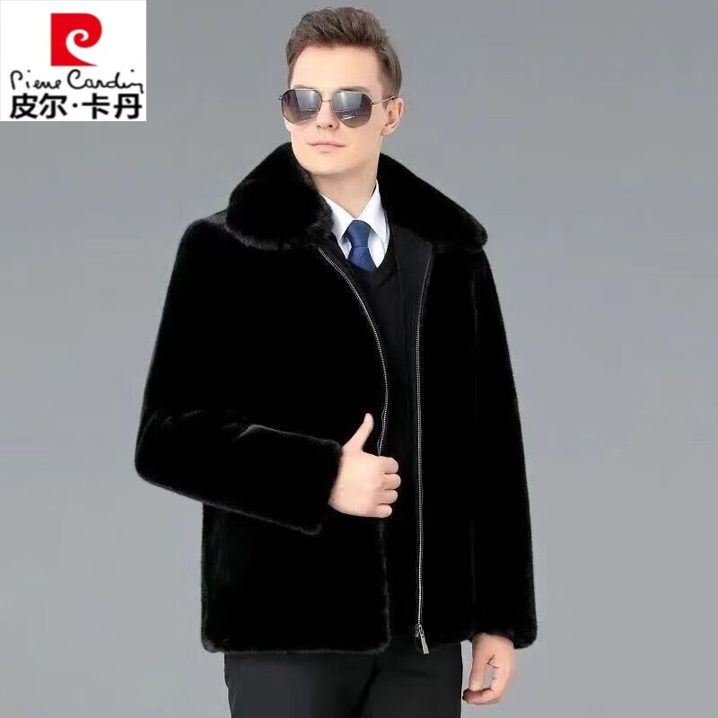 Pierre Cardin mink jacket men's winter new thickened mink velvet fur coat Haining high-end mink whole mink coat black hooded thickened gold mink velvet S 70--85 catties