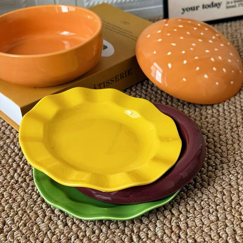 FANCYCHIC burger tableware for one person, ceramic underglaze color, high-value single bowl, creative plate and dish set for one person, burger tableware for one person, five-piece set