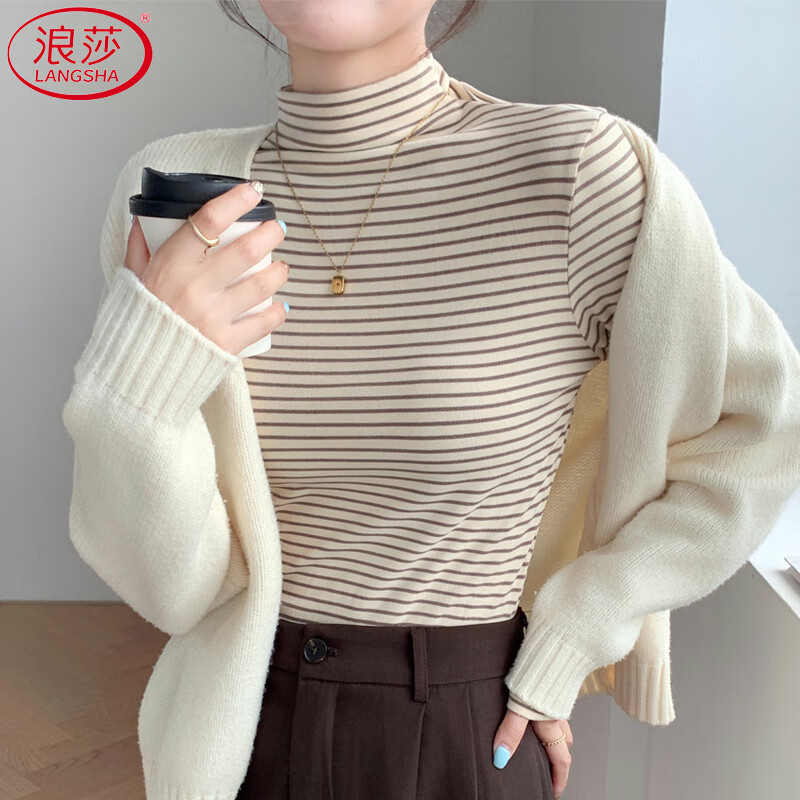 Langsha striped bottoming shirt for women winter 2025 new double-sided brushed half-high collar slim slim long-sleeved inner top
