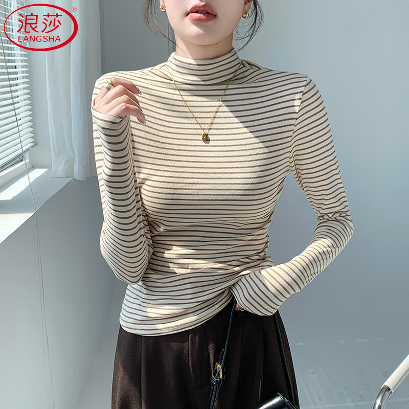Langsha striped bottoming shirt for women winter 2025 new double-sided brushed half-high collar slim slim long-sleeved inner top