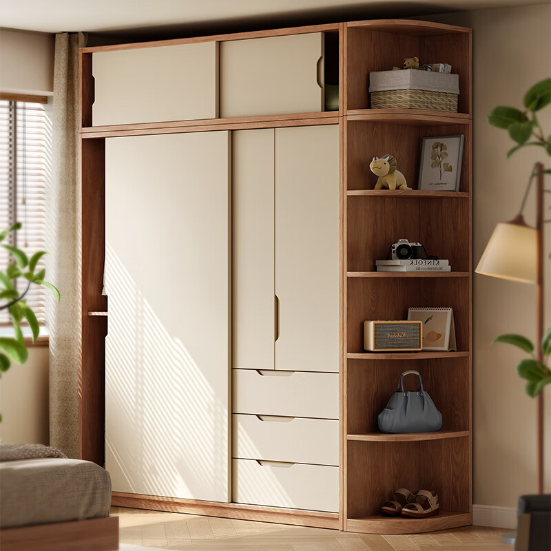 Yukino solid wood wardrobe sliding door wardrobe home bedroom log wardrobe style storage cabinet oak Japanese style sliding door wardrobe 1.8m sliding door wardrobe + curved side cabinet (length 2.1*2.0m high) delivery + door-to-door installation